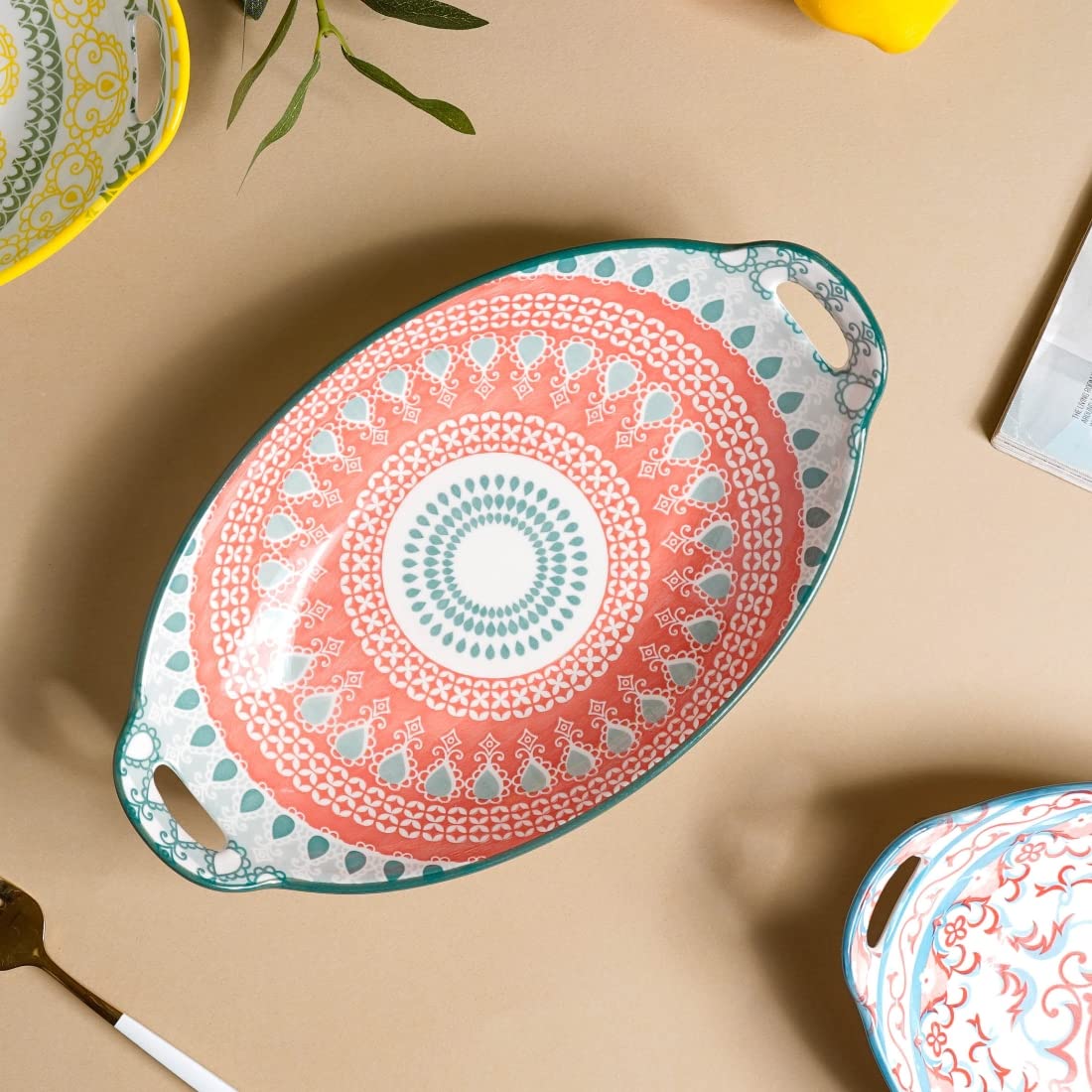 Nestasia Pink and Blue Mandala Ceramic Long Dish with Handles for Serving Snacks, Appetizers, Salads, and Noodles| Microwave Saf